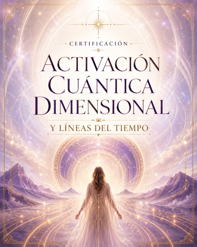 Tarjeta visual de la Certificación en Activación Cuántica Dimensional y Líneas del Tiempo, con luz dorada, geometría sagrada y energía espiritual.